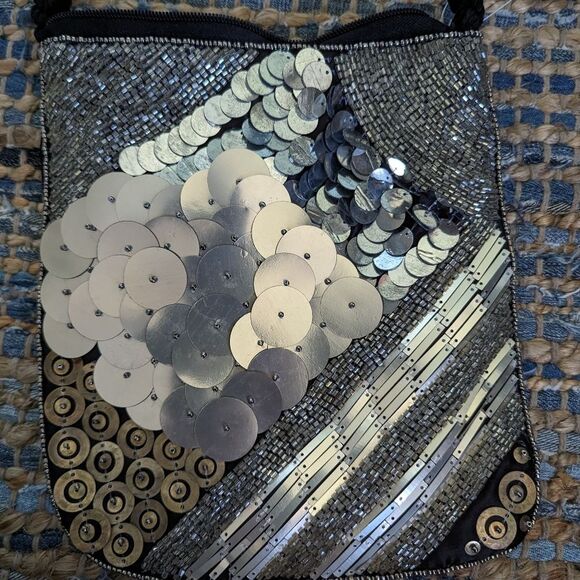 NWT Crossbody Sequin Gold & Silver Metallic Black Satin M Bling Y2K Baddie - Picture 3 of 8